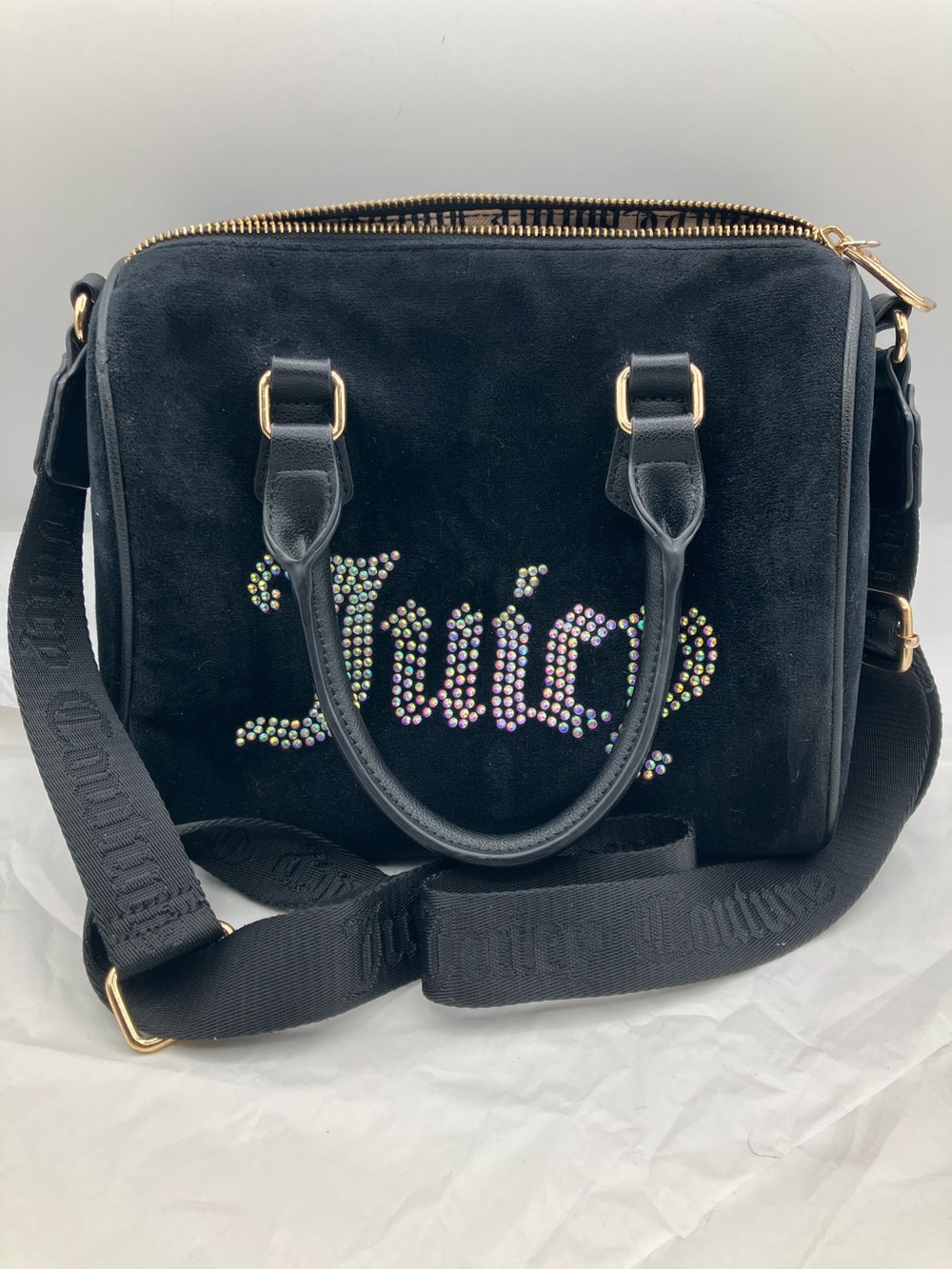 Juicy Couture Black Velvet Crossbody with Iridescent Logo Rhinestones